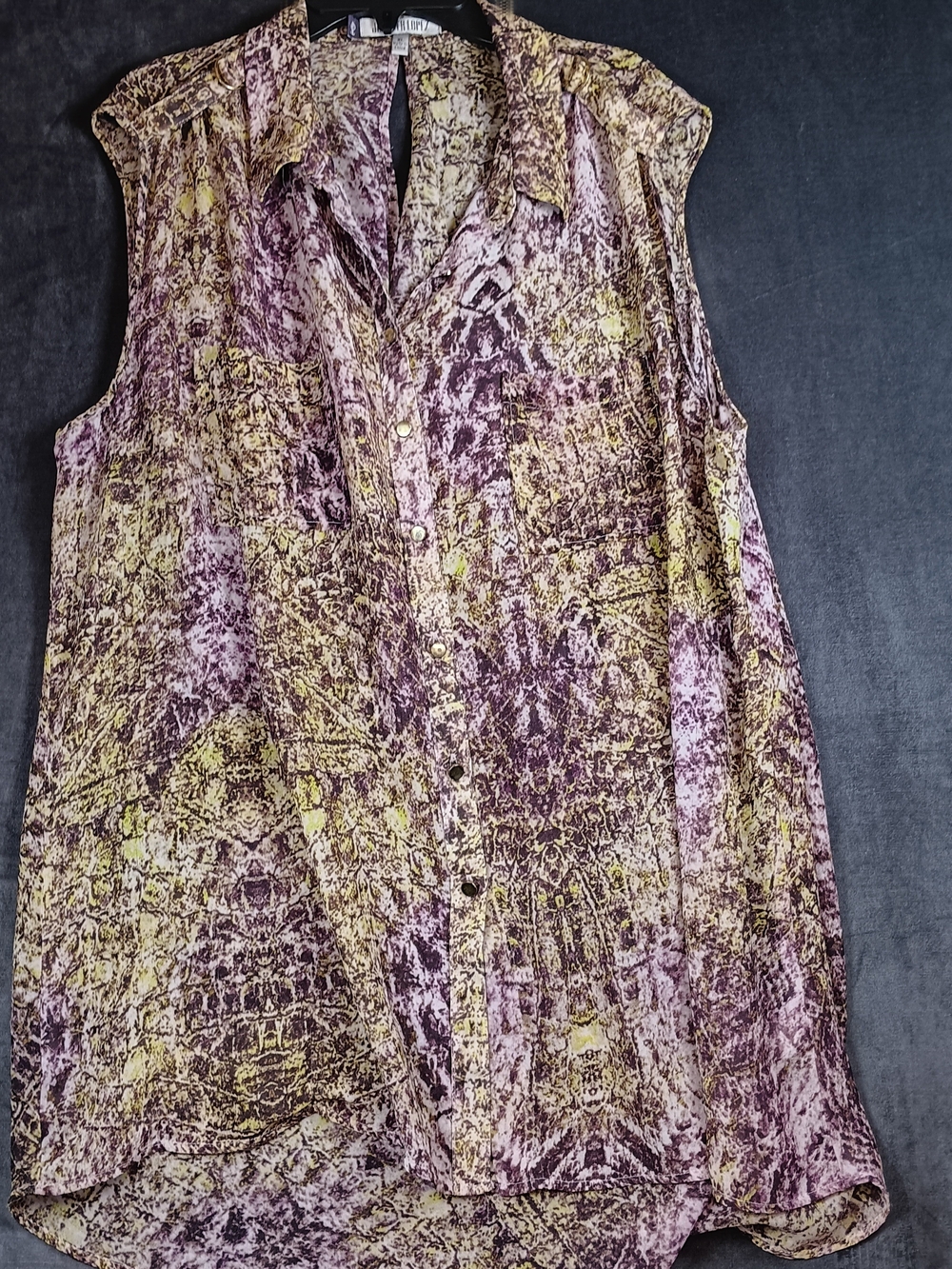 Jennifer Lopez Sleeveless Button-Front Top in Purple and Yellow Abstract Print